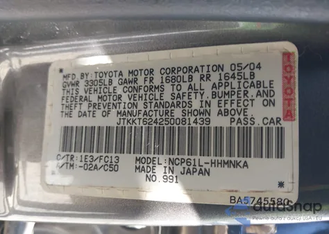 2005 Scion Xa z USA, uszkodzony, nr VIN JTKKT624250081439